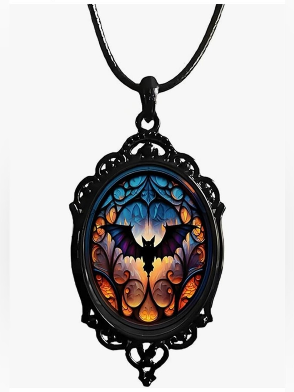 Black Bat Gothic Style Pendant Necklace - Blue & Orange - Picture 2 of 6